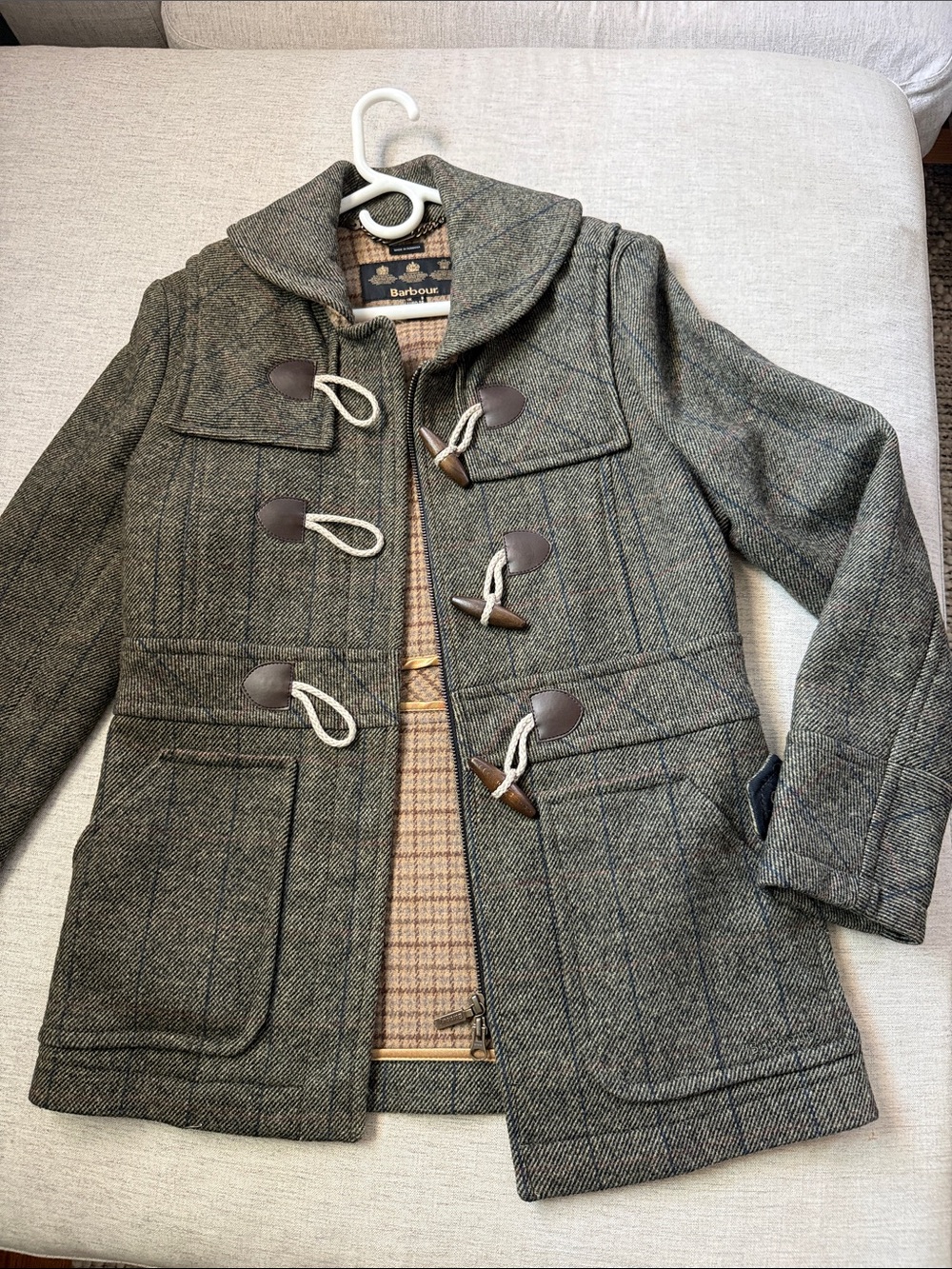 Barbour Green Herringbone Toggle Pea Coat with Zipper